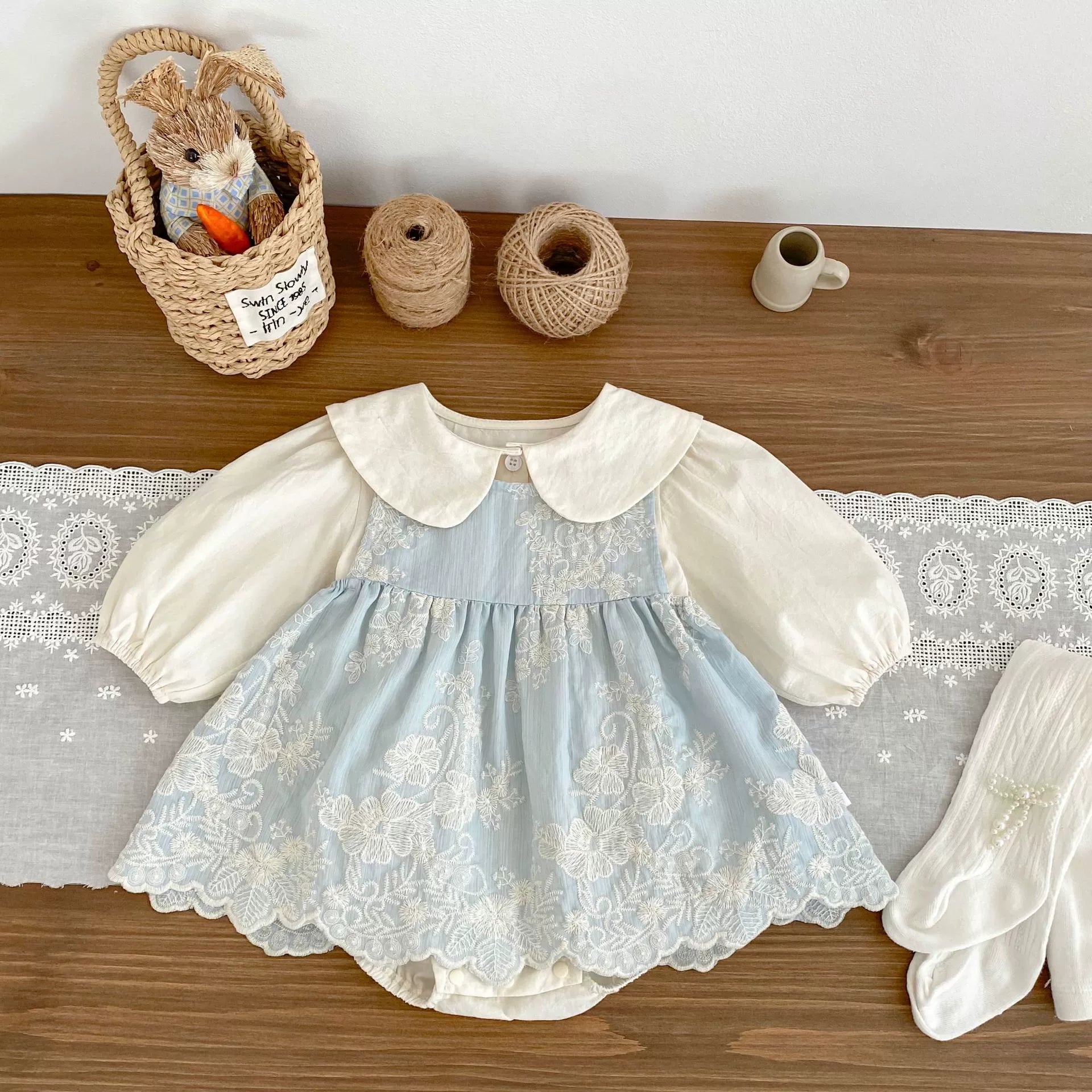 Spring and Autumn Baby Kids Girls Cherry Pattern Long Sleeves Beige Onesies and Flowers Embroidered Sleeveless Dress Clothing Set, MyKids-USA®, Baby One-Pieces, MyKids-USA -  -  -  -  -  -  - 