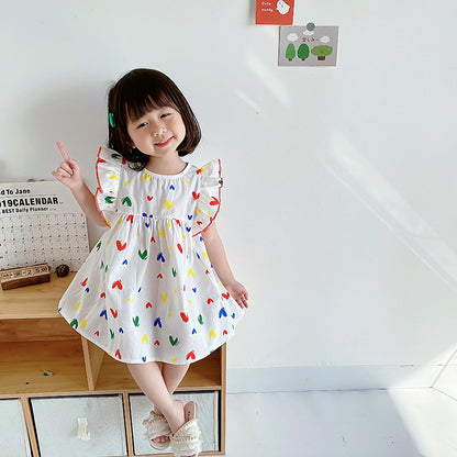 Best Selling Summer Baby Kids Girls Colorful Heart Pattern Fly Sleeves Dress