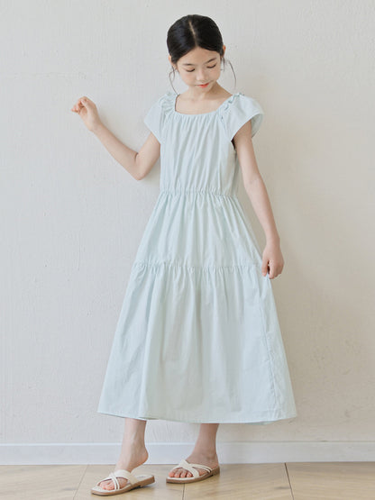 Summer Arrival Short Sleeves Solid Color Square Neck Dress for Stylish Girls