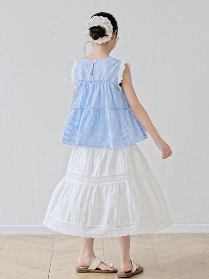 Arrival Summer Baby Kids Girls Sleeveless Plaid Vest and White Skirt