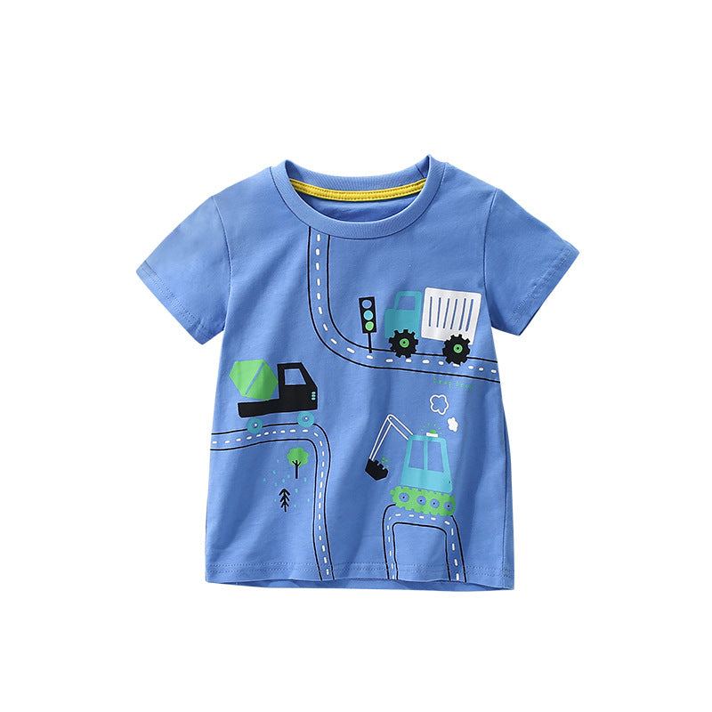 Summer Boys’ Vehicles Cartoon Pattern T-shirt in European and American Style, MyKids-USA®, Baby & Toddler Tops, MyKids-USA - Size/Age - 110 (3-5Y) - Color - Blue -  -  - TR2506071657-A
