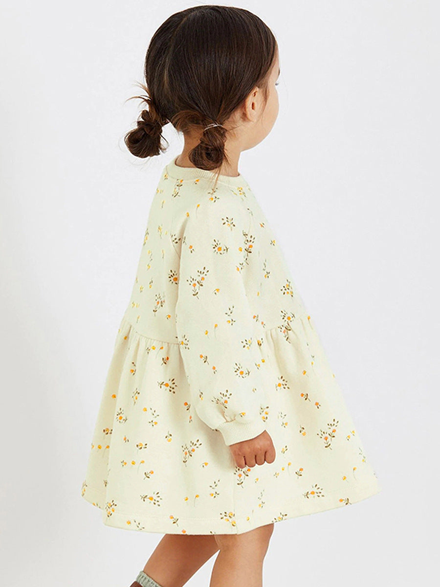 Spring Baby Grils Long Sleeve Floral Elements Logo Beige Princess Dress