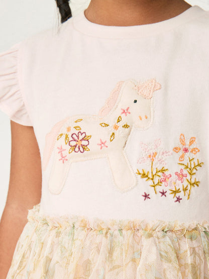 Spring And Summer Baby Girls Short Sleeves Unicorn Cartoon Floral Chiffon Dress