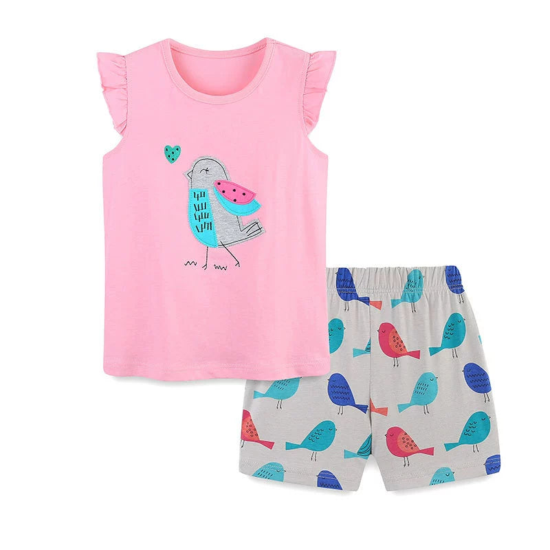 Summer Baby Kids Cute Birds Cartoon Pattern Vest and Shorts Clothing Set for Girls, MyKids-USA®, Baby & Toddler Outfits, MyKids-USA - Size/Age - 90 (12-24M) - Color - Pink -  -  - TR2506242220-A