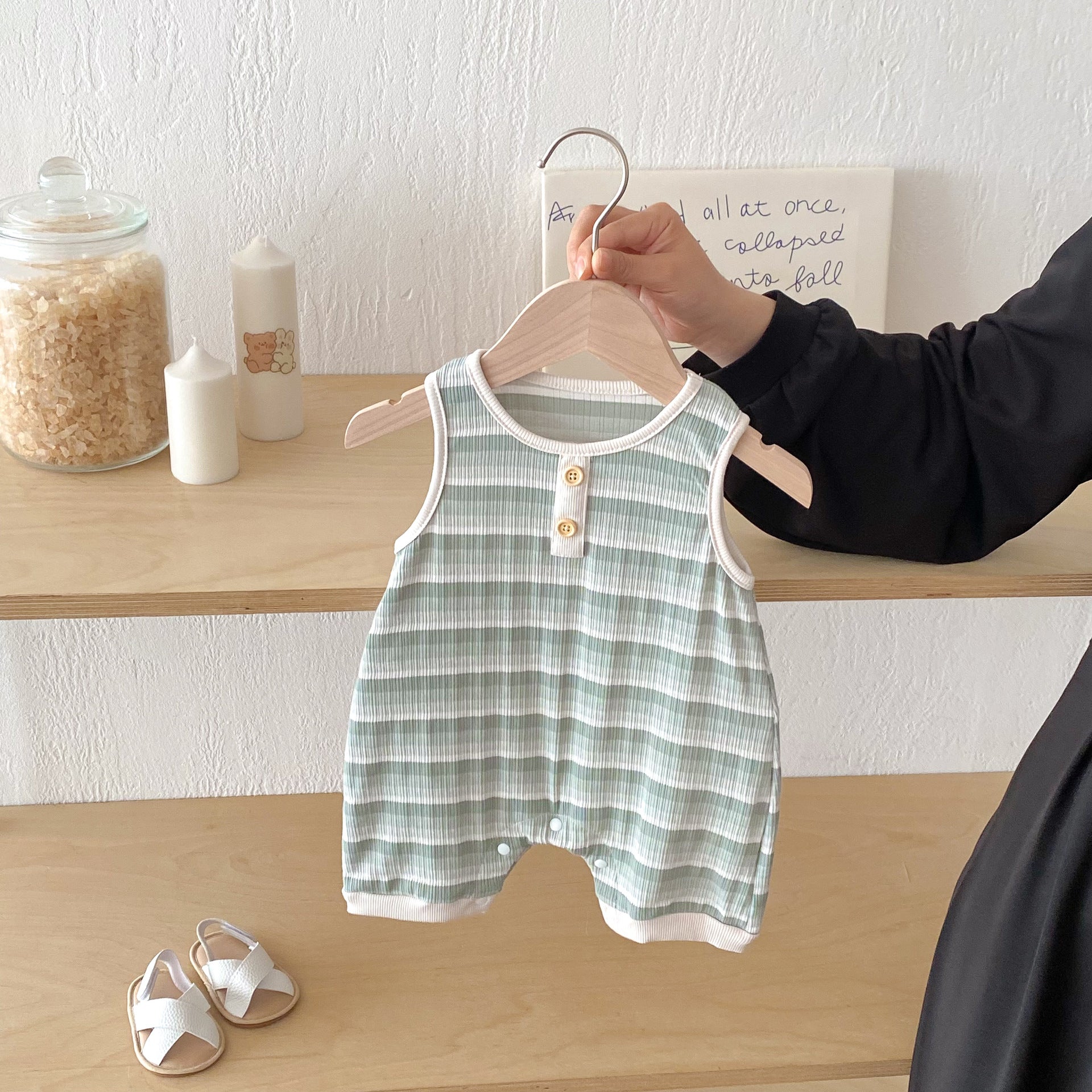 Summer Arrival Baby Unisex Casual Striped Sleeveless Rompers, MyKids-USA®, Baby One-Pieces, MyKids-USA - Size/Age - 66 (3-6M) - Color - Green -  -  - TR2505252303-B.