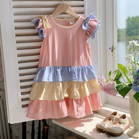 New Design Summer Kids Girls Colorful Color Patchwork Short Sleeves Crew Neck Ruffle Dress