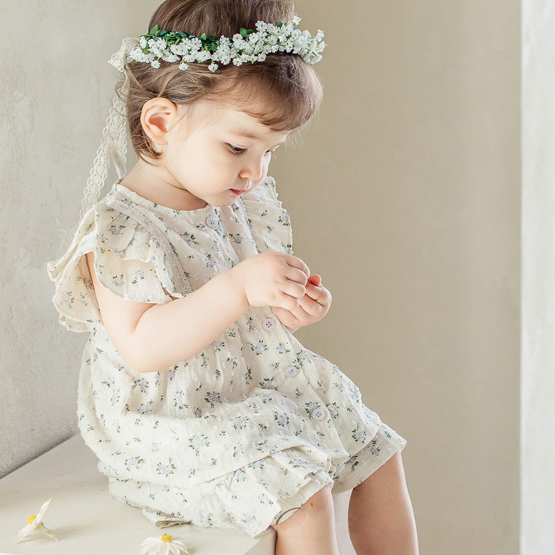 Baby Girl Flower Pattern Flying Sleeves Onesies & Clothing Sets With Headband