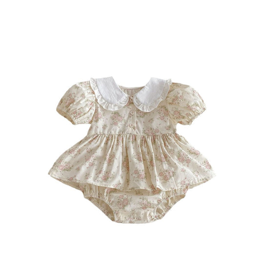 Summer Arrival Baby Girls Short Sleeves Flowers Pattern Peter Pan Collar bodysuit Dress, MyKids-USA®, Baby & Toddler Dresses, MyKids-USA - Size/Age - 66 (3-6M) - Color - Beige -  -  - TR2406192359-A.