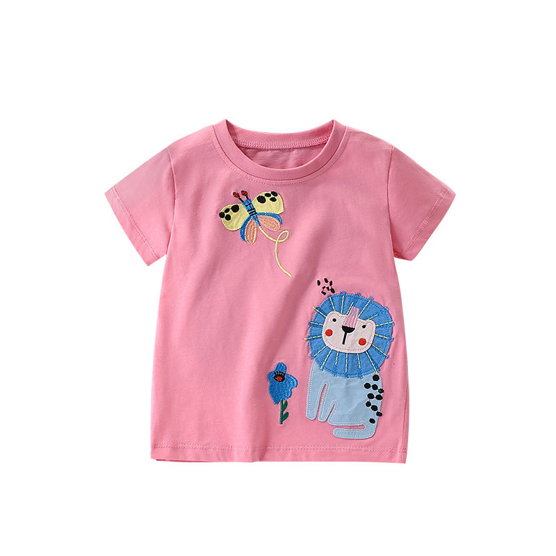 Summer Arrival Girls’ Flowers and Animals Pattern Short Sleeves T-shirt in European and American Style, MyKids-USA®, T-Shirts, MyKids-USA - Size/Age - 120 (5-7Y) - Color - Pink -  -  - TR2506291659-A