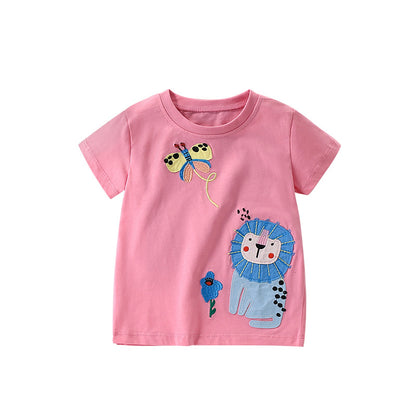 Summer Arrival Girls’ Flowers and Animals Pattern Short Sleeves T-shirt in European and American Style, MyKids-USA®, T-Shirts, MyKids-USA - Size/Age - 120 (5-7Y) - Color - Pink -  -  - TR2506291659-A
