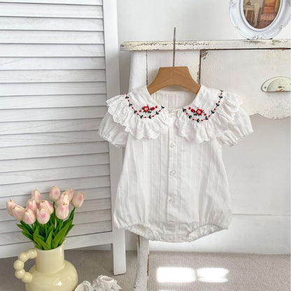 Summer Thin New Arrival Baby Girls Floral Pattern Embroidery Collar Short Sleeves Single Breasted Onesies