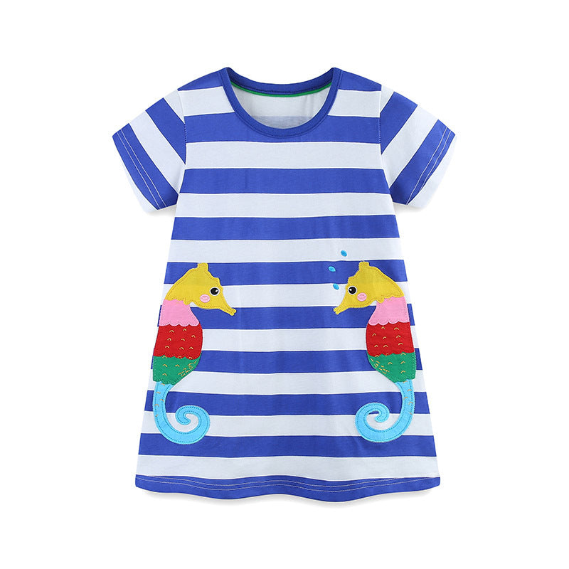 Summer Arrival Baby Girls Cartoon Seahorses Pattern Short Sleeves Striped Dress, MyKids-USA®, Baby & Toddler Dresses, MyKids-USA - Size/Age - 90 (12-24M) - Color - Blue -  -  - TR2505131916-A