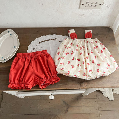 Summer Hot Selling Baby Girls Sleeveless Cherry Print Strap Top And Solid Color Bloomers  Clothing Set