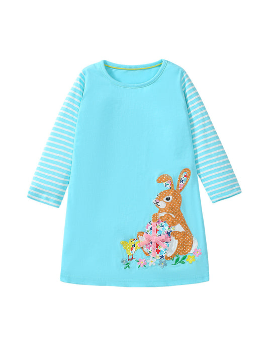 Arrival Autumn Girls Flowers And Rabbit Pattern Long Sleeves Cute Dress, MyKids-USA®, Baby & Toddler Dresses, MyKids-USA - Size/Age - 90 (12-24M) - Color - Blue -  -  - TR2407131726-A