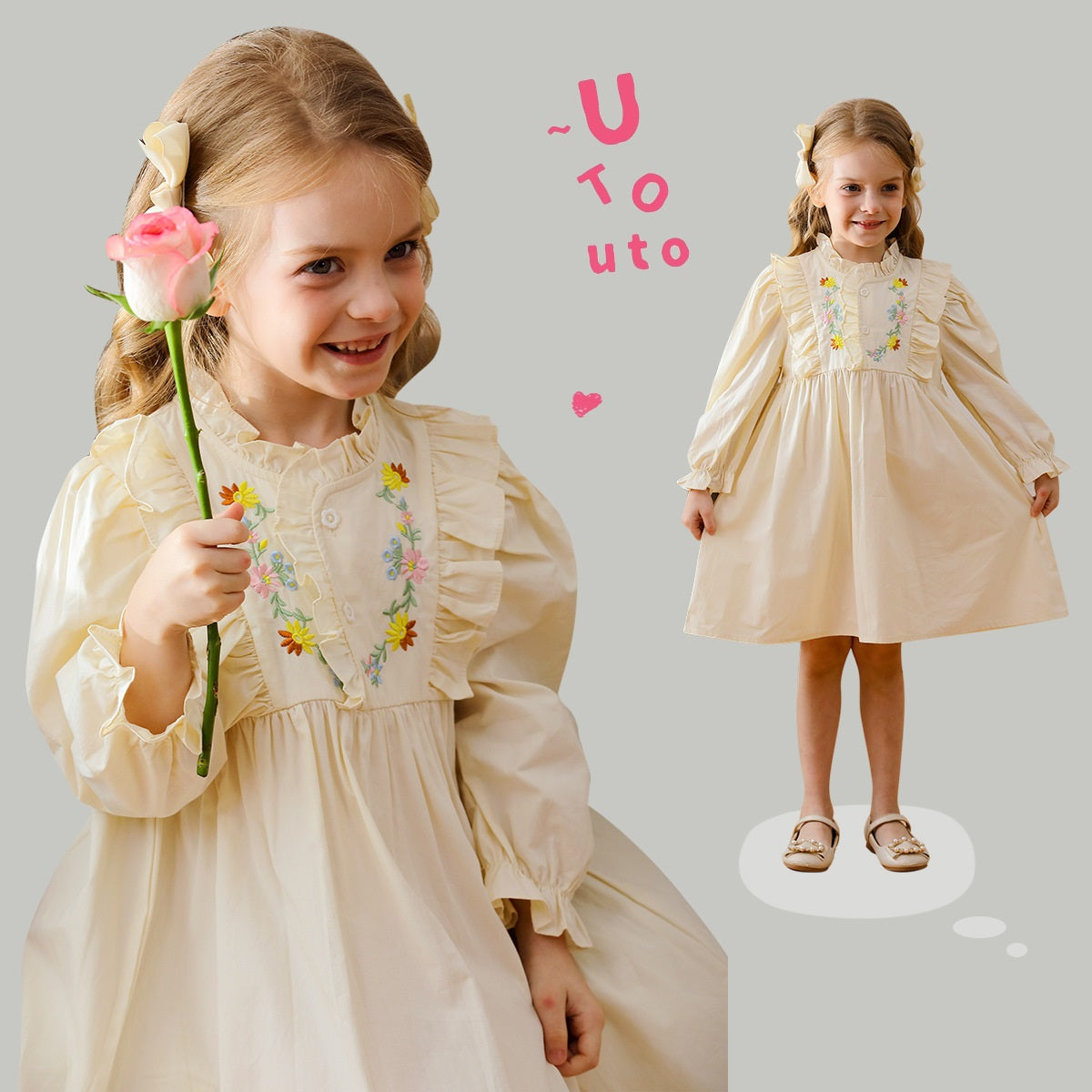 Arrival Autumn Girls Simple Ruffle Neck Long Sleeves Vine and Flowers Pattern Dress, MyKids-USA®, Baby & Toddler Dresses, MyKids-USA -  -  -  -  -  -  - 