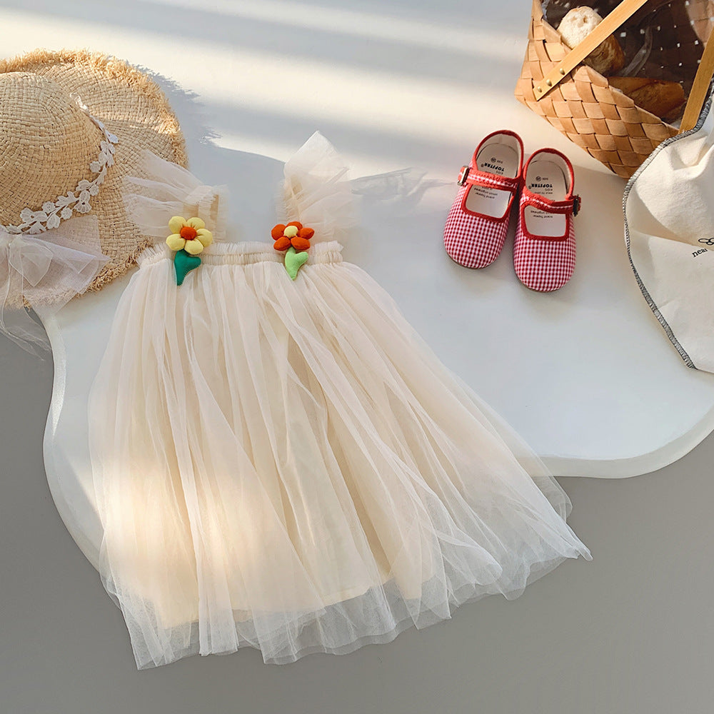 Summer Baby Kids Girls Fly Sleeves Flowers Pattern Tulle Strap Dress, MyKids-USA®, Baby & Children's Dresses, MyKids-USA - Size/Age - 80 (9-12M) - Color - Beige -  -  - TR2605202132-A.