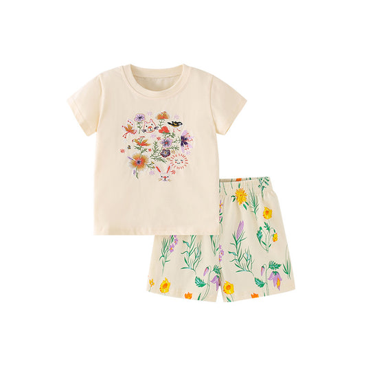 Baby Girl Apricot Flower Pattern O-Neck Summer Quality Sets