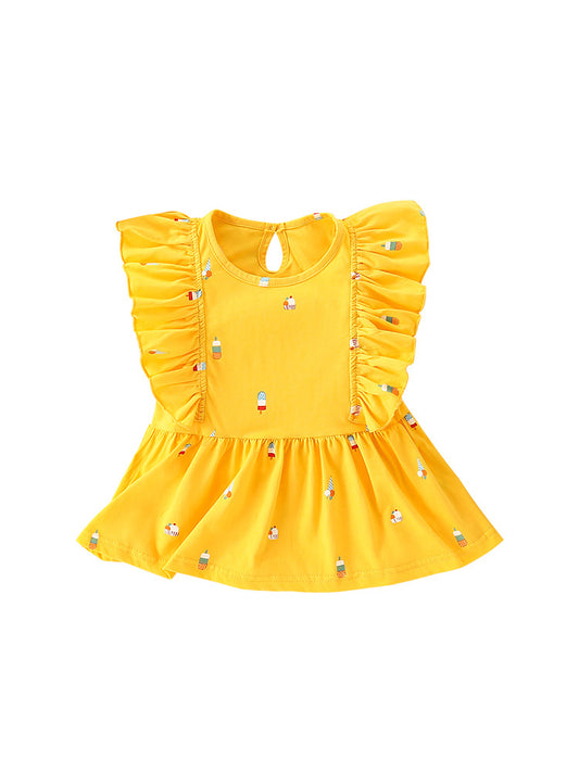 Summer New Arrival Baby Kids Girls Sleeveless Ice-Cream Pattern Crew Neck Yellow Dress
