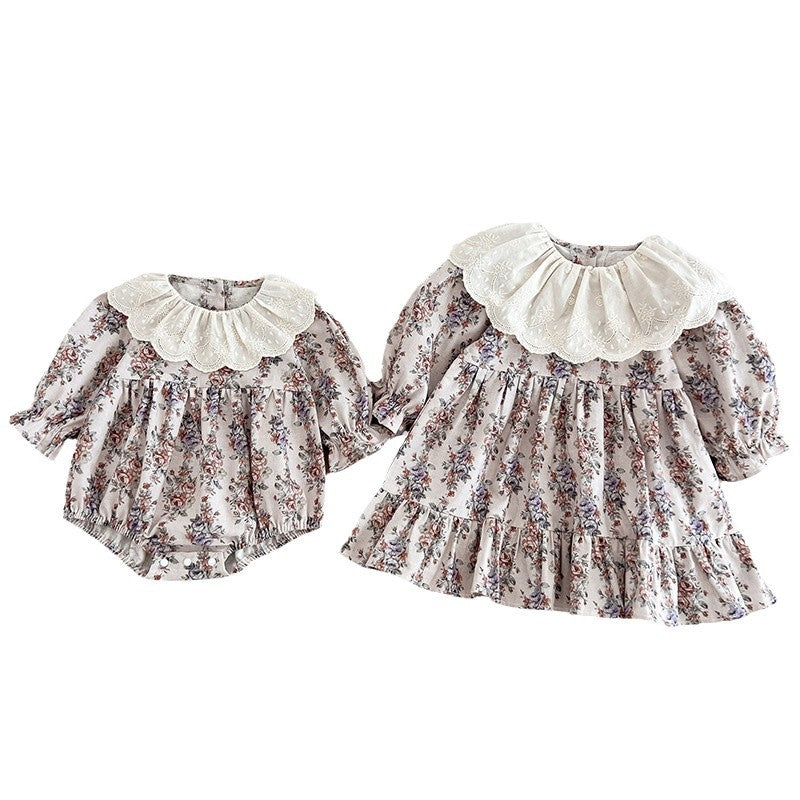 Spring Baby Girls French-style Floral Printed Long-sleeved Onesies and Dress – Princess Sister Matching Set, MyKids-USA®, Baby & Toddler Outfits, MyKids-USA -  -  -  -  -  -  - 