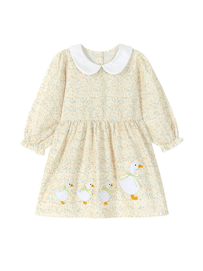 Autumn and Spring Arrival Cartoon and Floral Pattern Long Sleeves Dress with Peter Pan Collar for Stylish Girls, MyKids-USA®, Baby & Toddler Dresses, MyKids-USA -  -  -  -  -  -  - 