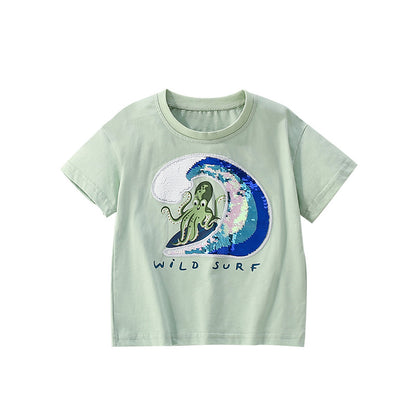 Summer Boys’ Octopus Cartoon Pattern T-shirt in European and American Style, MyKids-USA®, Baby & Toddler Tops, MyKids-USA - Size/Age - 100 (2-3Y) - Color - Green -  -  - TR2505192042-A