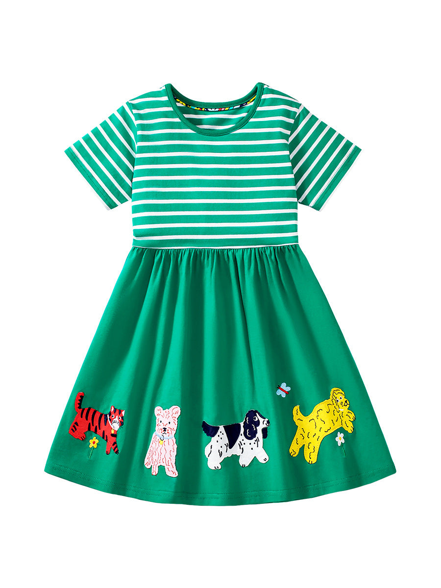 Summer Animals Pattern Short-sleeved Green Dress with Striped Pattern for Stylish Girls, MyKids-USA®, Baby & Toddler Dresses, MyKids-USA -  -  -  -  -  -  - 
