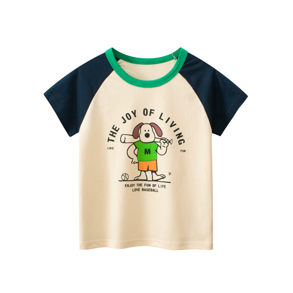 Boys’ Animal And Letters Print Color Patchwork T-Shirt In European And American Style