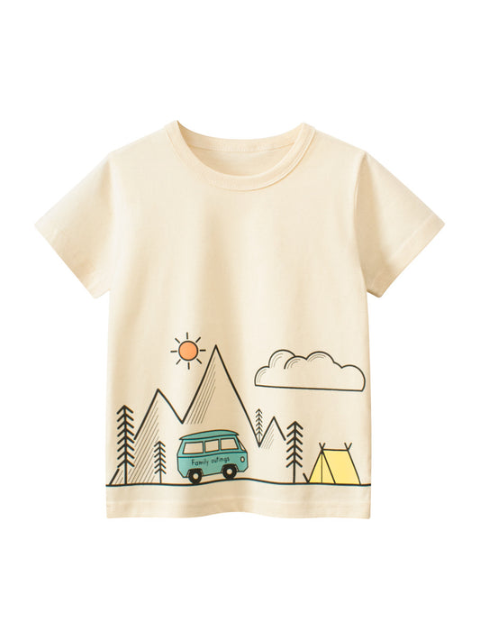Boys’ Outing Scene Print T-Shirt In European And American Style For Summer
