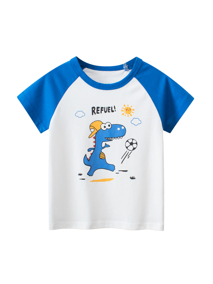 Boys’ Cartoon And Letters Print Color Patchwork T-Shirt In European And American Style