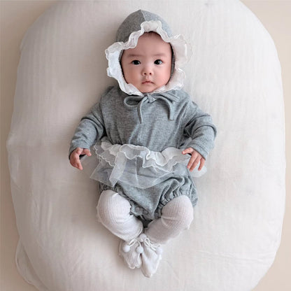 MyKids-USA® Autumn Arrival Baby Kids Girls Long Sleeves Solid Color Jacquard Lace Trim Bodysuit with Hat