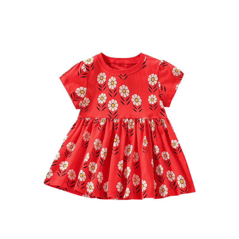 Summer Arrival Flowers Pattern Short Sleeves Crew Neck Dress for Stylish Girls, MyKids-USA®, Baby & Toddler Dresses, MyKids-USA - Size/Age - 90 (12-24M) - Color - Red -  -  - TR2505282154-A