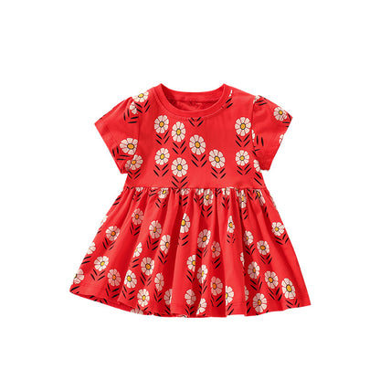 Summer Arrival Flowers Pattern Short Sleeves Crew Neck Dress for Stylish Girls, MyKids-USA®, Baby & Toddler Dresses, MyKids-USA - Size/Age - 90 (12-24M) - Color - Red -  -  - TR2505282154-A