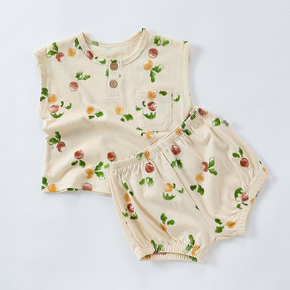 Summer Baby Kids Unisex Floral/Fruit Printing Sleeveless Crew Neck Vest And Shorts Clothing Sets