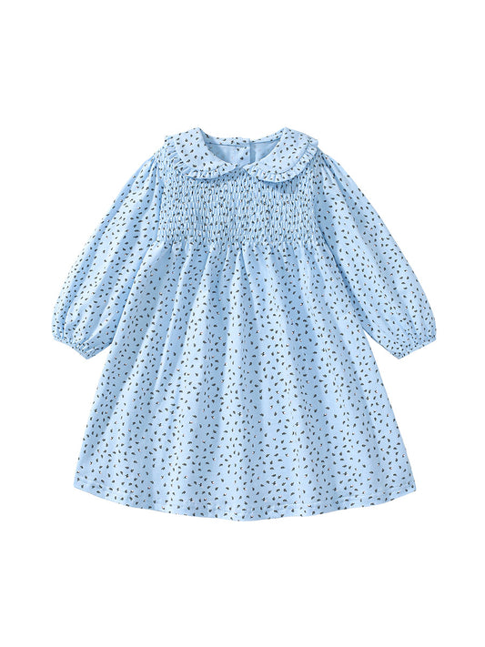 Design Autumn Girls Little Flowers Pattern Peter Pan Collar Long Sleeves Blue Dress, MyKids-USA®, Baby & Toddler Dresses, MyKids-USA - Size/Age - 90 (12-24M) - Color - Blue -  -  - TR2407102251-A