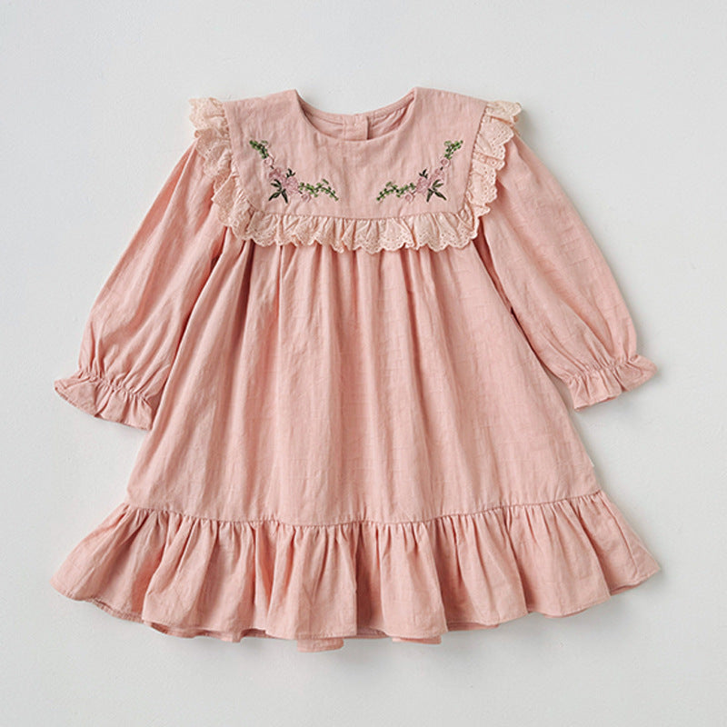 Autumn Kids Girls Vintage Flowers Embroidered Long Sleeves Dress
