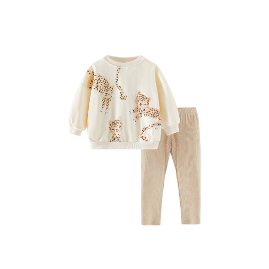 Spring and Autumn Kids Girls Casual Leopard Pattern Top and Plain Pants Clothing Set, MyKids-USA®, Baby & Toddler Outfits, MyKids-USA - Size/Age - 110 (3-5Y) - Color - Apricot -  -  - TR2509142240-A