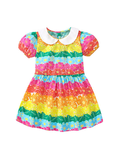 Summer Baby Kids Girls Short Sleeves Peter Pan Collar Colorful Flowers Print Dress