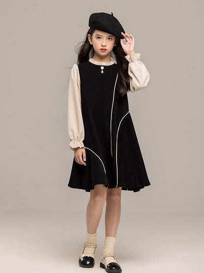 Autumn Arrival Long Sleeves Color Patchwork Dress for Stylish Girls
