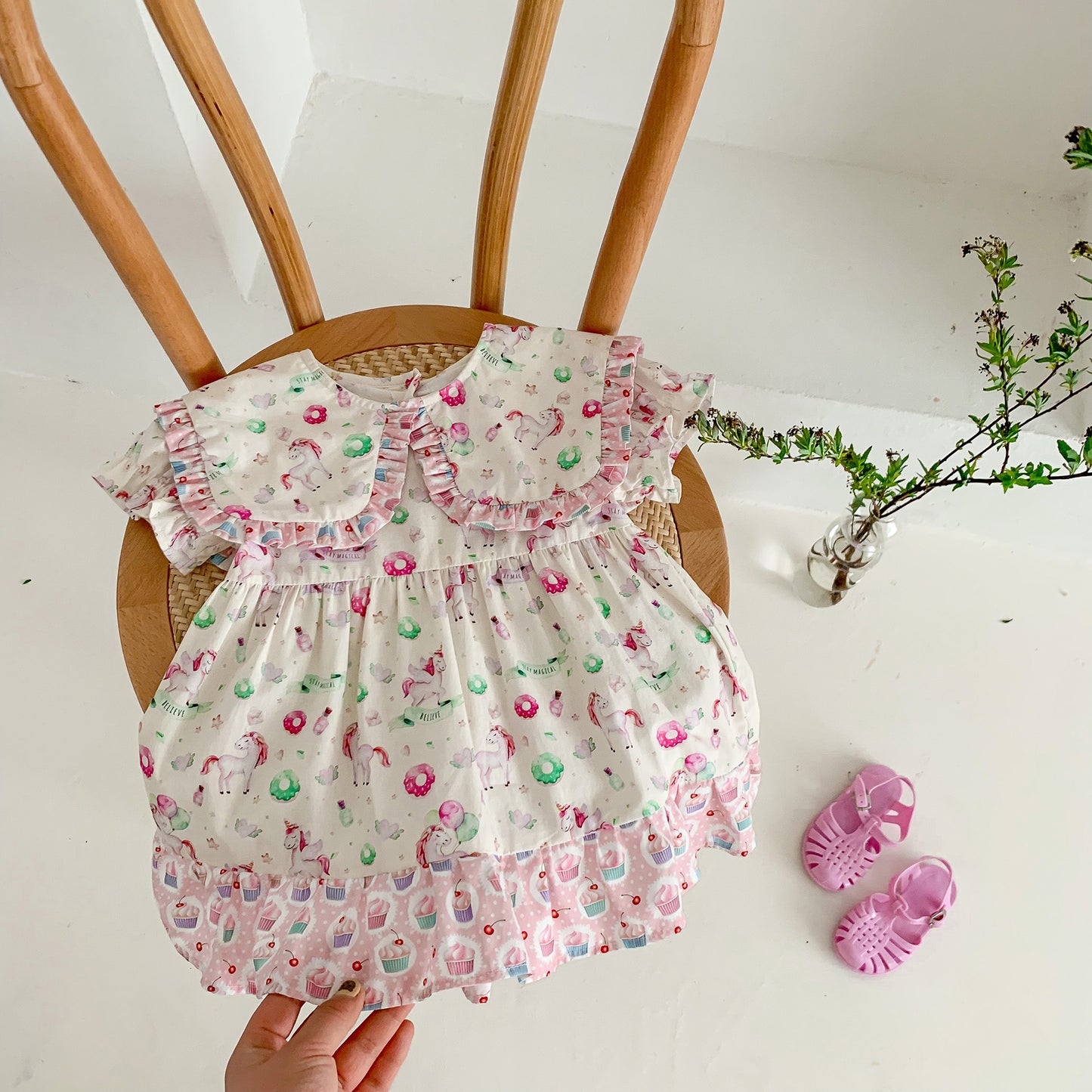 Best Selling Summer Baby Kids Girls Unicorn Floral Pattern Color Patchwork Short Sleeves Dress