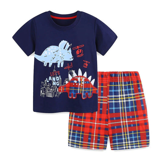 Summer Baby Kids Cartoon Animals Pattern T-shirt and Shorts Color Patchwork Clothing Set for Boys, MyKids-USA®, Baby & Toddler Outfits, MyKids-USA - Size/Age - 90 (12-24M) - Color - Blue -  -  - TR2506161642
