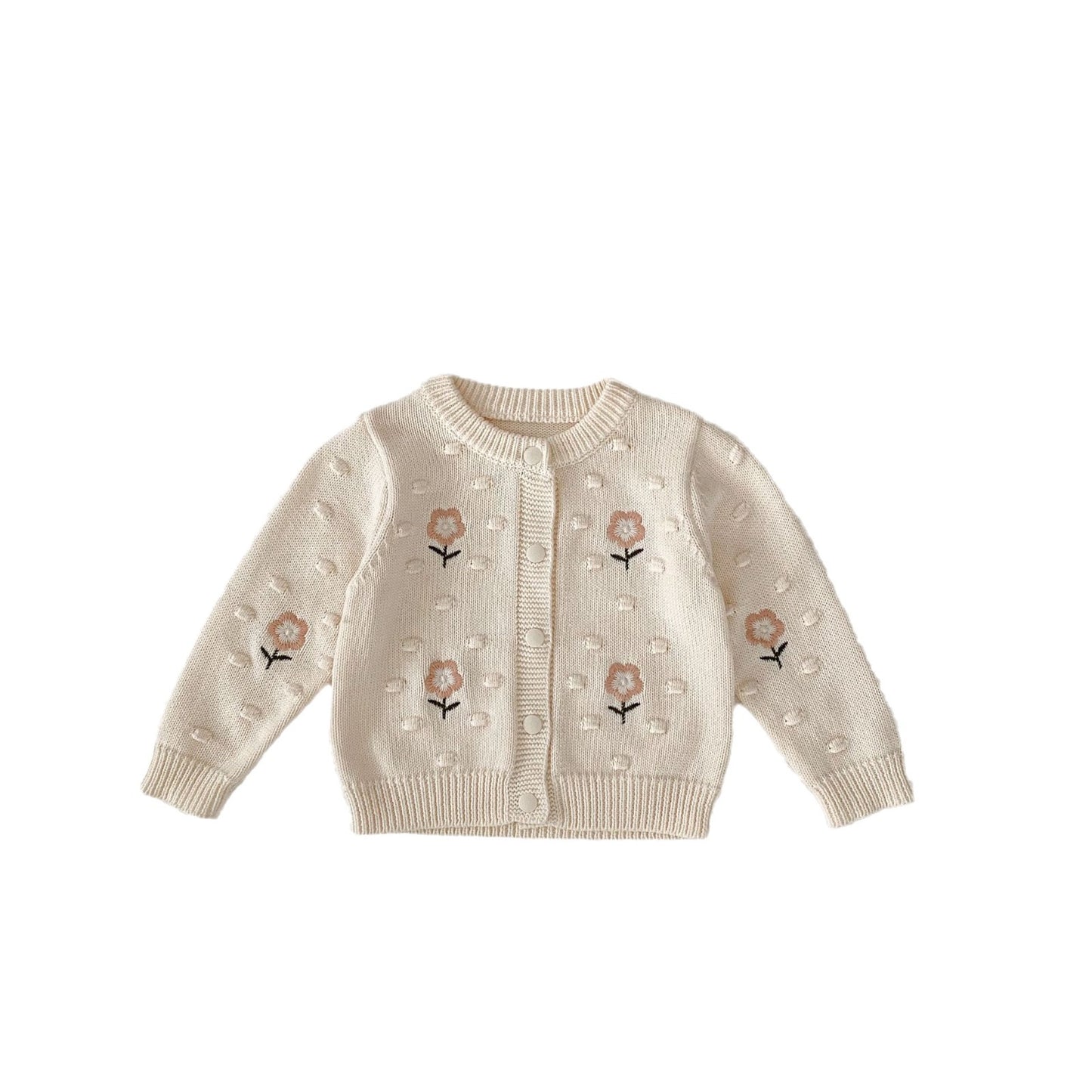 Autumn Arrival Baby Kids Girls Comfortable Flowers Embroiedery and Dots Jacquard Pattern Knitted Long Sleeves Cardigan, MyKids-USA®, Baby & Toddler Outerwear, MyKids-USA - Size/Age - 66 (3-6M) - Color - Beige -  -  - TR2408101004-A