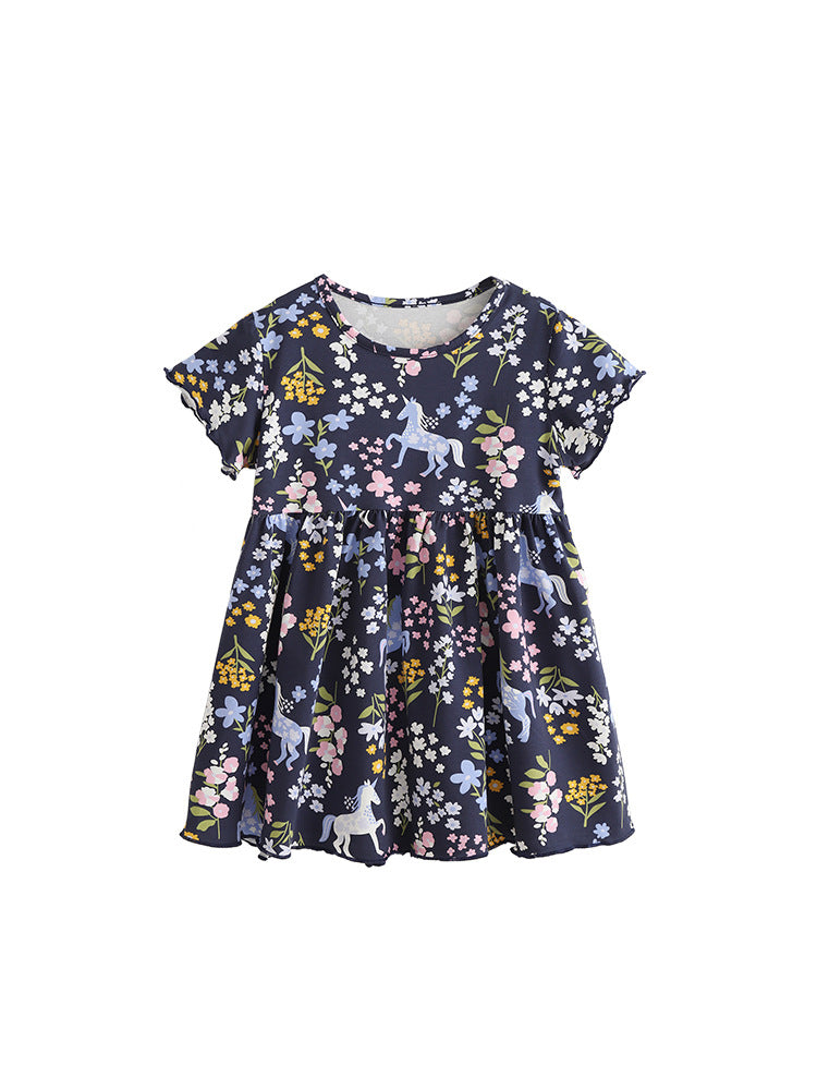 Summer Baby Kids Girls Short Sleeves Flowers and Cartoon Pattern Dress, MyKids-USA®, Baby & Children's Dresses, MyKids-USA - Size/Age - 100 (2-3Y) - Color - Black -  -  - TR2606061809-A.