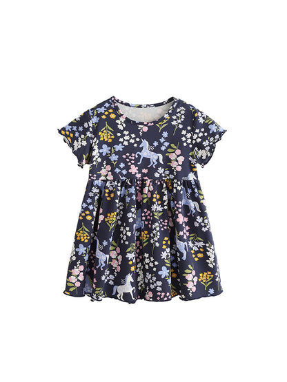 Summer Baby Kids Girls Short Sleeves Flowers and Cartoon Pattern Dress, MyKids-USA®, Baby & Children's Dresses, MyKids-USA - Size/Age - 100 (2-3Y) - Color - Black -  -  - TR2606061809-A.