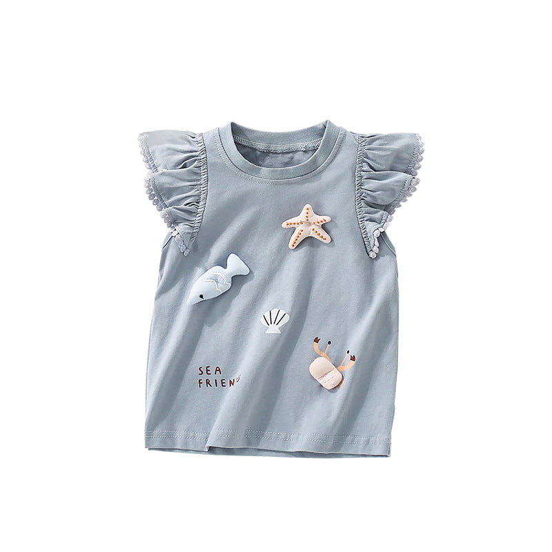 Summer Girls’ Cartoon Marine Animals Pattern Fly Sleeves Top Shirt in European and American Style, MyKids-USA®, Baby & Toddler Tops, MyKids-USA - Size/Age - 100 (2-3Y) - Color - Blue -  -  - TR2506032041-A