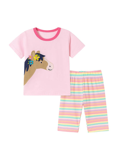 Summer Hot Selling Baby Kids Girls Short Sleeves Cartoon Pattern T-shirt and Striped Pants Clothing Set
