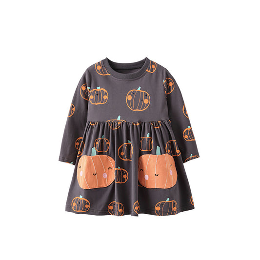 Autumn Arrival Kids Girls Cartoon Pumpkin Pattern Long Sleeves Dress, MyKids-USA®, Baby & Toddler Dresses, MyKids-USA - Size/Age - 100 (2-3Y) - Color - Grey -  -  - TR2509232322-A