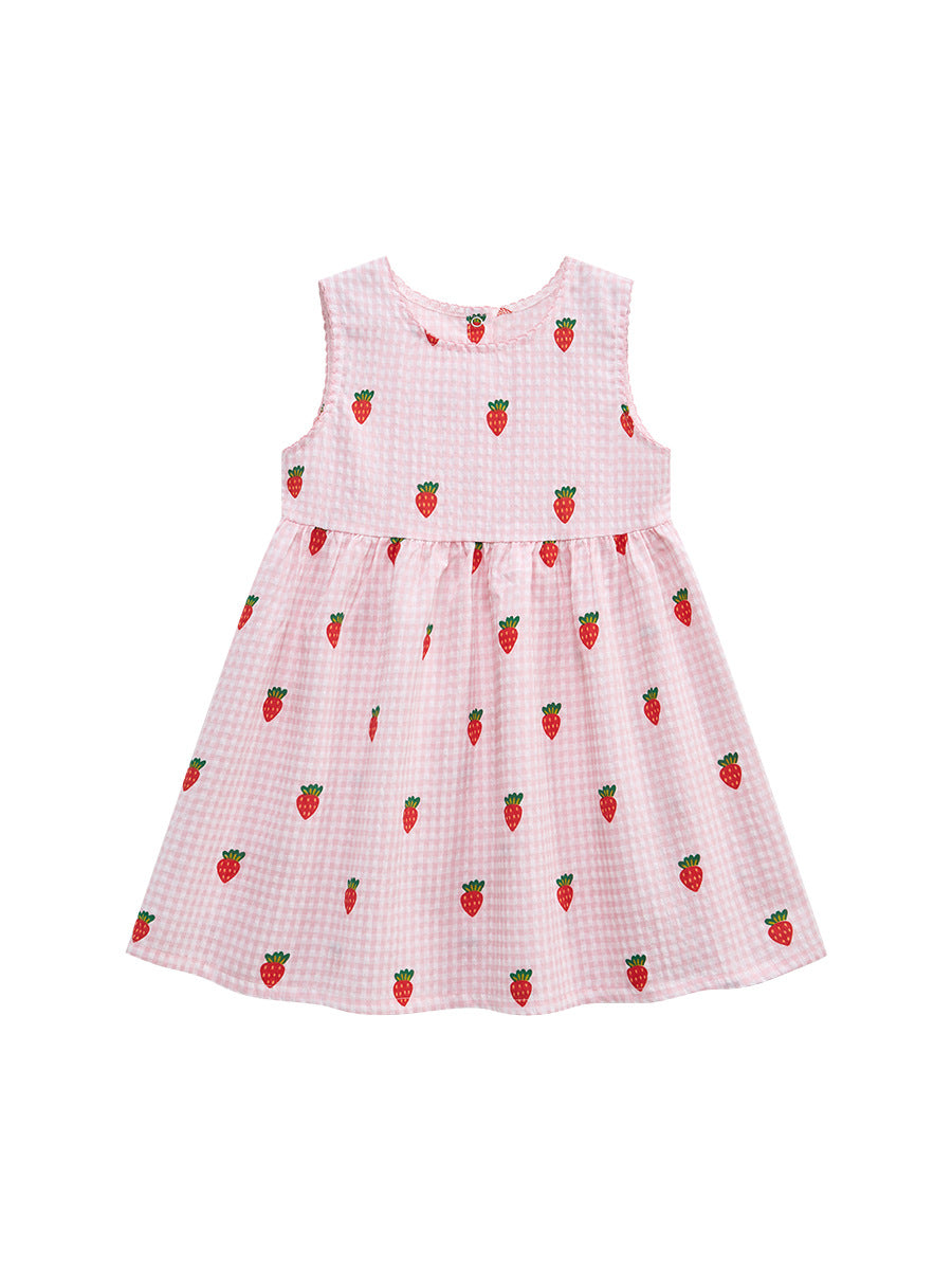 Summer Girls Sleeveless Carrots Print Pattern Plaid Dress