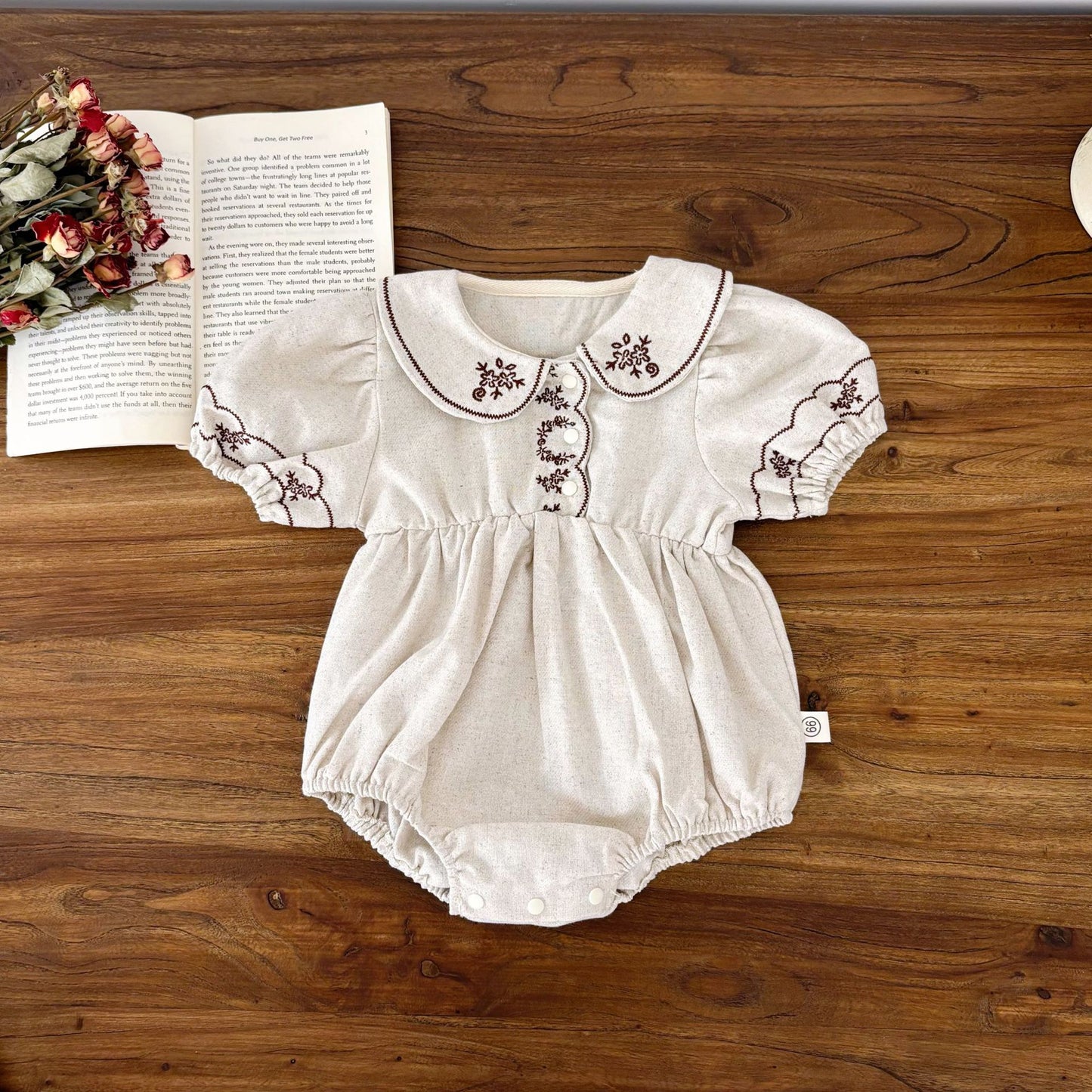 Summer Arrival Baby Girls Short Sleeves Flowers Embroidered Onesies, MyKids-USA®, Baby One-Pieces, MyKids-USA - Size/Age - 66 (3-6M) - Color - Beige -  -  - TR2506072032-A