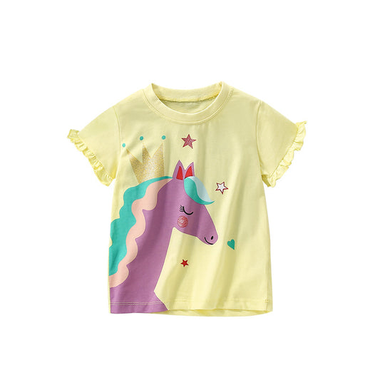 Summer Arrival Girls’ Horse Cartoon Pattern T-shirt in European and American Style, MyKids-USA®, Baby & Toddler Tops, MyKids-USA - Size/Age - 100 (2-3Y) - Color - Yellow -  -  - TR2506131732-A