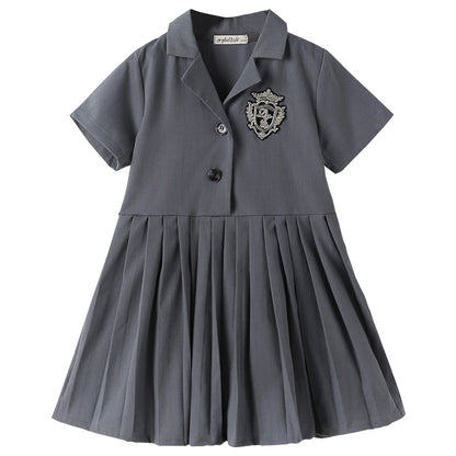 New Design Summer Kids Girls Preppy Style Simple Turndown Collar Button Open Front Pleated Dress
